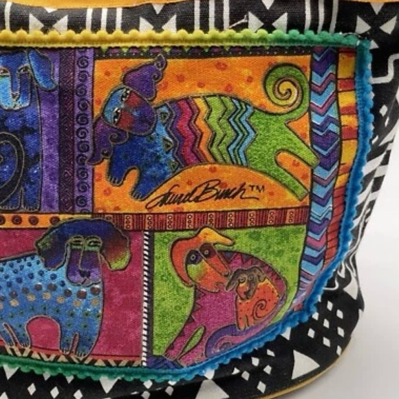 Laurel Burch‎ Colorful Dogs Canvas Tote Bag Boho Artcore Festival Y2K Purse - Picture 7 of 9